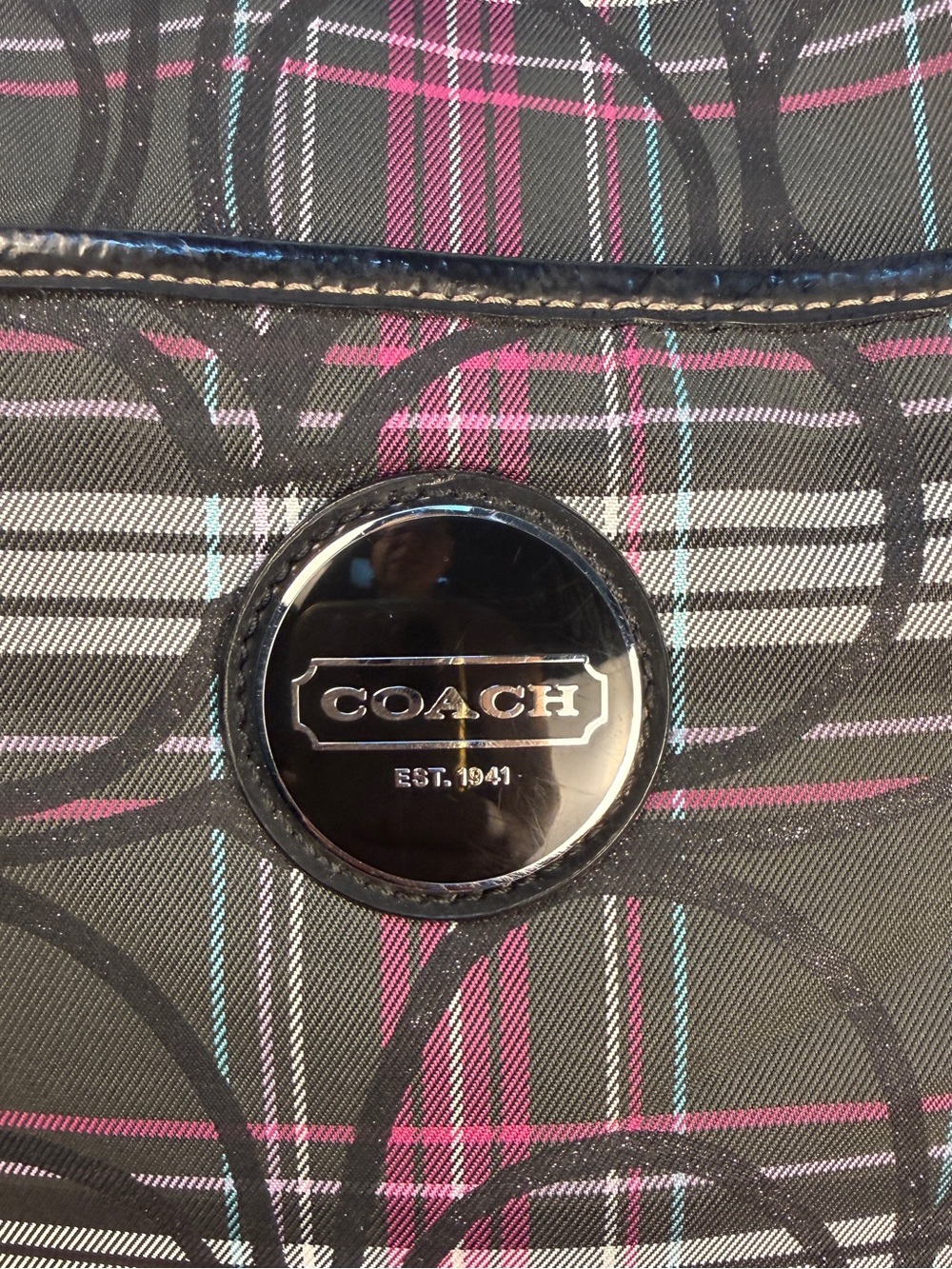 Coach Poppy Glitter Tartan Plaid Satchel Pink Black F18220 EUC - Picture 8 of 13